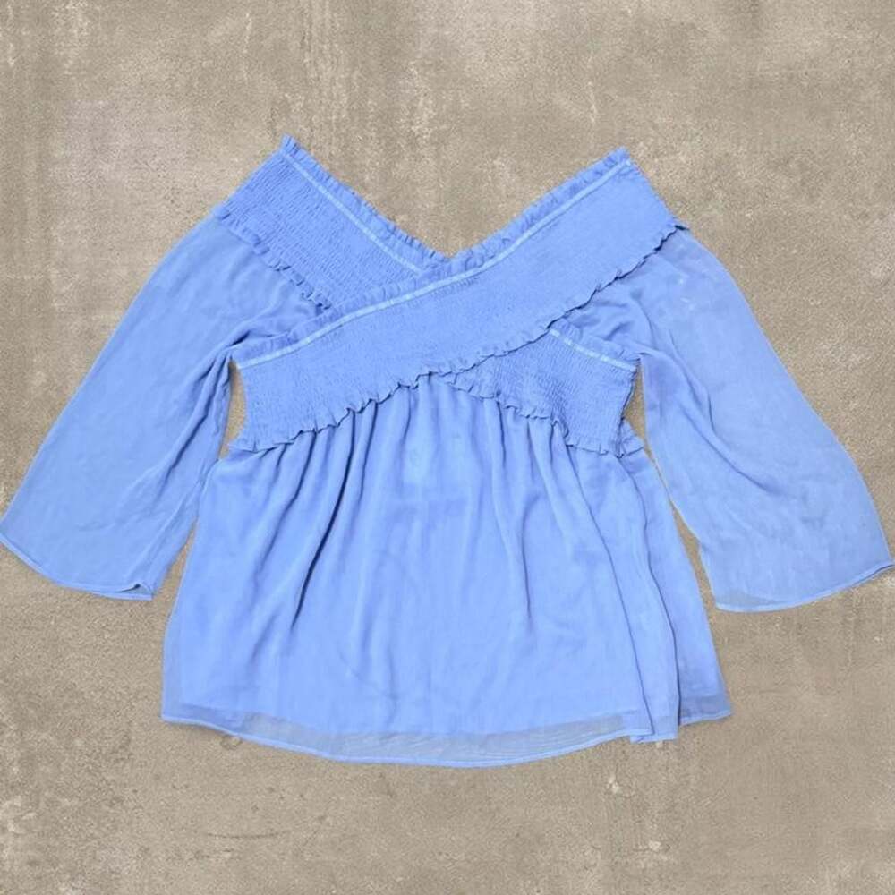 CATO Blue Smocked Off-The-Shoulder Babydoll Boho Blouse Top XL